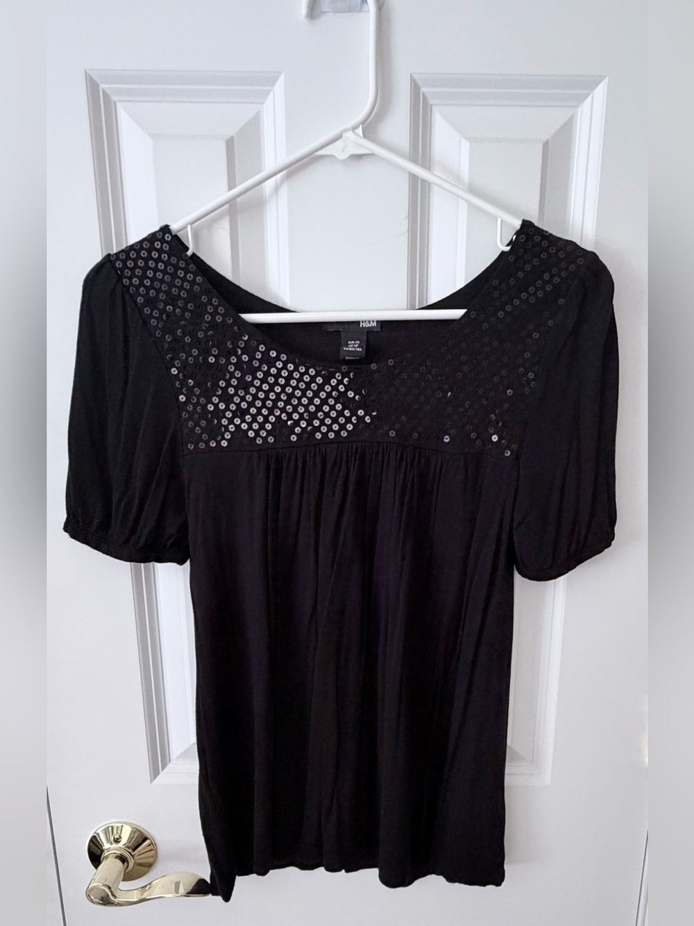 H&M Black Sequin Yoke Puff Sleeve Top